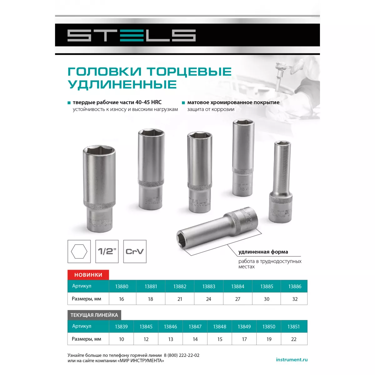Головка торцевая удлиненная, 32 мм, шестигранная, CrV, под квадрат 1/2
