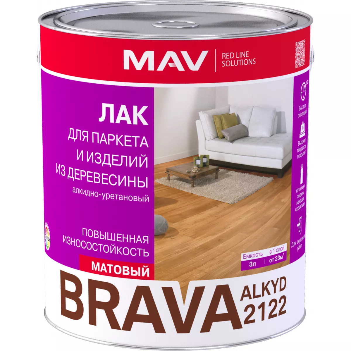 Лак BRAVA ALKYD 2122 для паркета и изделий из древесины (АУ-2122) бесцветный глянцевый 1,0л (0,7 кг)(9б в упак.)