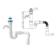 Сифон для кухни прямоточный с  выпуском 70мм, с гибкой трубой 1 1/2
