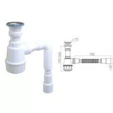 Сифон для кухни с прикручивающимся выпуском 70мм,  с гибкой трубой 1 1/2