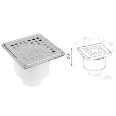 Сливной трап вертикальный D 50 с сухим затвором, с рамкой, решетка нерж. 100х100 мм, AV Engineering