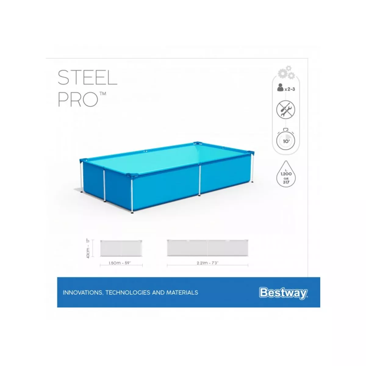 Каркасный бассейн Steel Pro, 221 х 150 х 43 см, BESTWAY